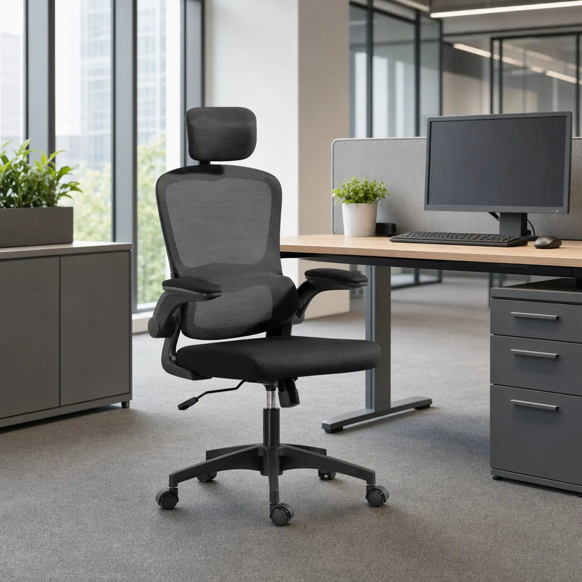 Ergonomic Mesh Office Chair, High Back, Rotatable Headrest, Flip Up Armrests, Lumbar Support, Black Task Chairs at Gallery Canada