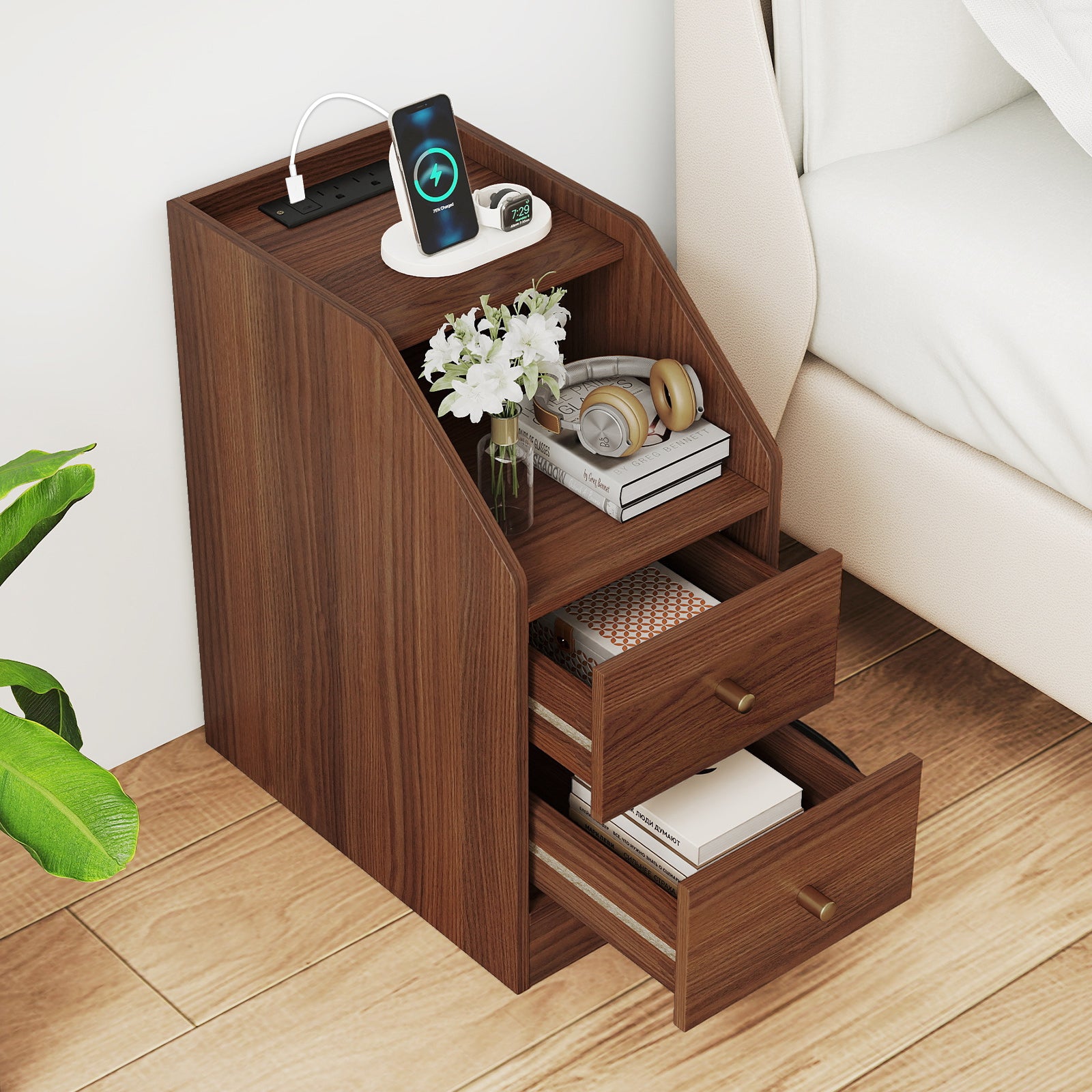 Side End Table with Charging Station Sofa Couch Table with Shelf Drawers, Walnut End & Side Tables at Gallery Canada