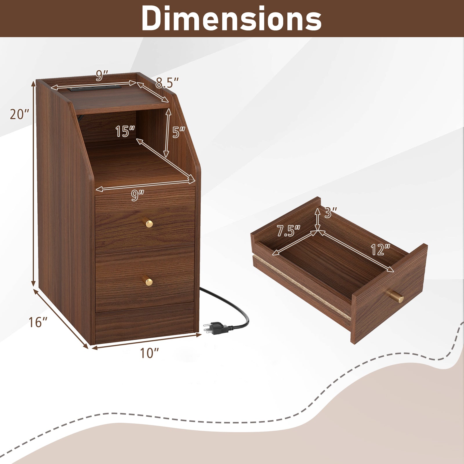 Side End Table with Charging Station Sofa Couch Table with Shelf Drawers, Walnut End & Side Tables at Gallery Canada