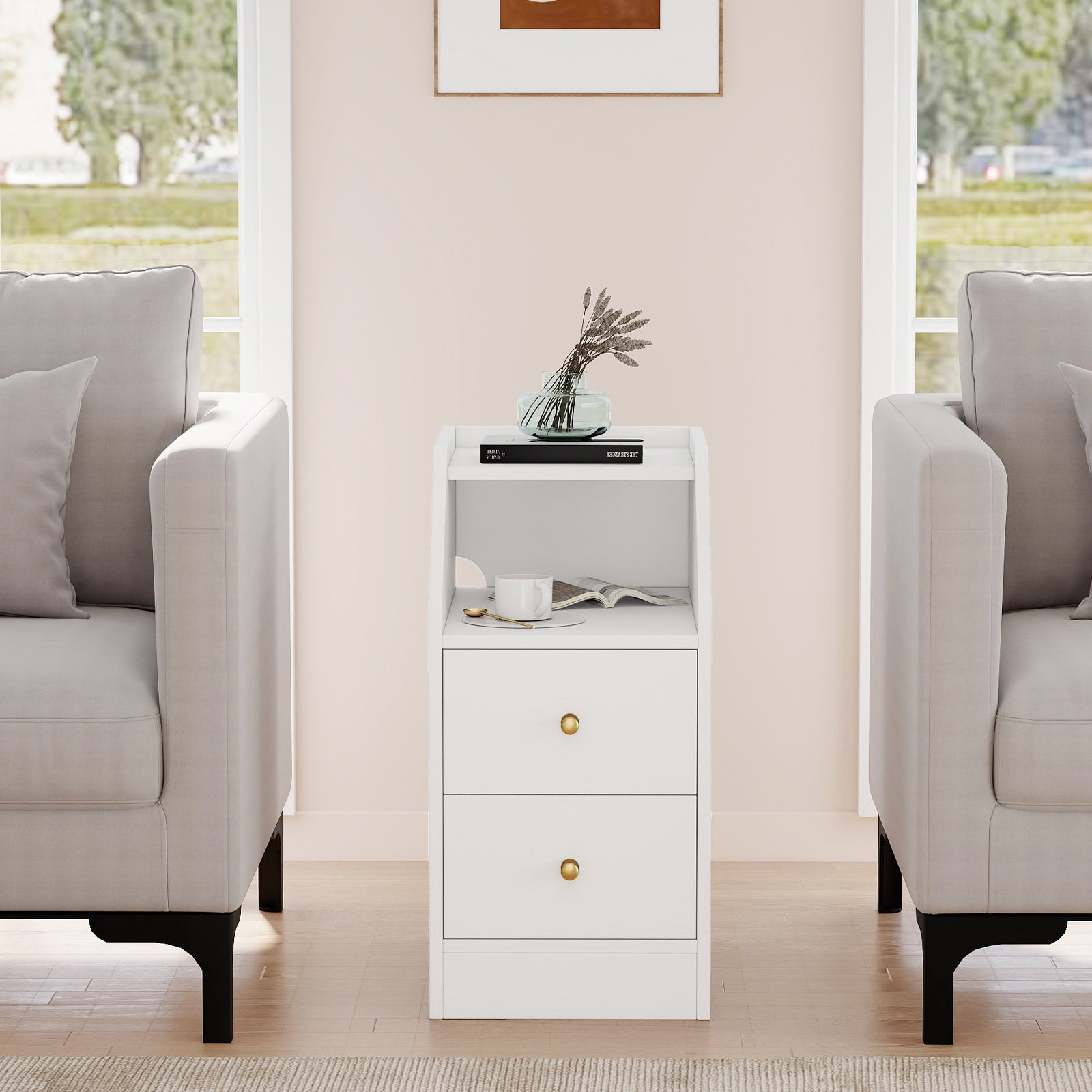 Side End Table with Charging Station Sofa Couch Table with Shelf Drawers, White End & Side Tables at Gallery Canada