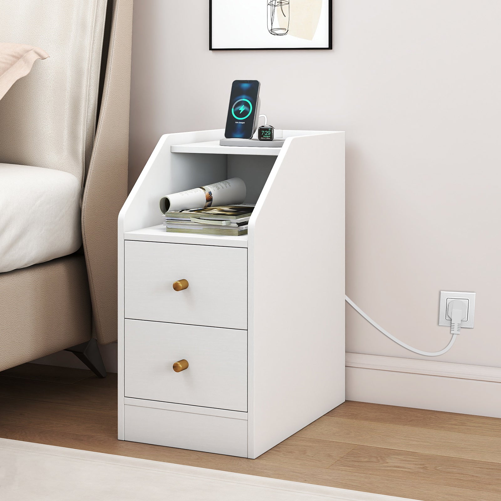 Side End Table with Charging Station Sofa Couch Table with Shelf Drawers, White End & Side Tables at Gallery Canada