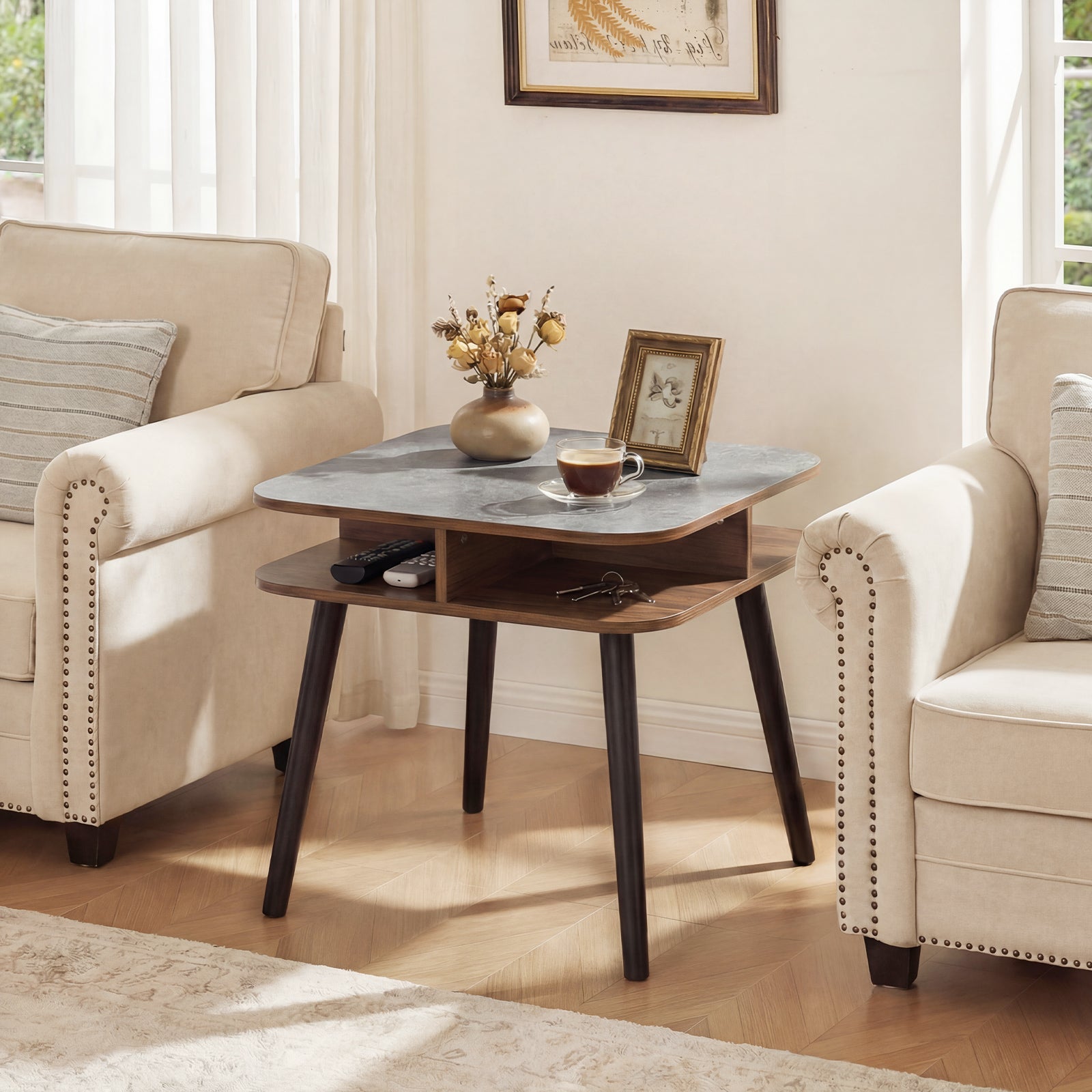 Faux Marble Side Table With Storage Shelves, Walnut End & Side Tables at Gallery Canada