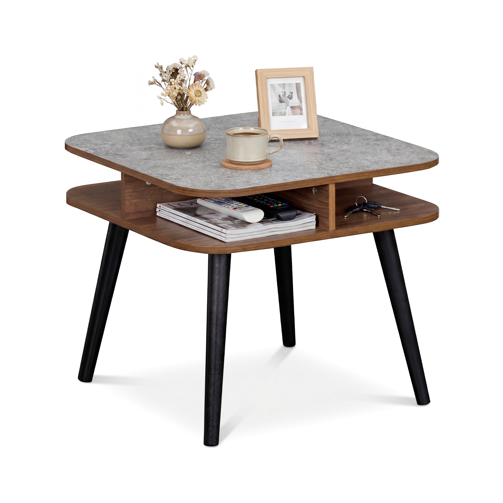 Faux Marble Side Table With Storage Shelves, Walnut End & Side Tables Walnut at Gallery Canada