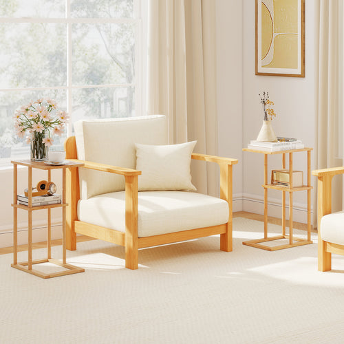 Side Table Set of 2 with Storage Shelves and Bamboo Construction, Natural