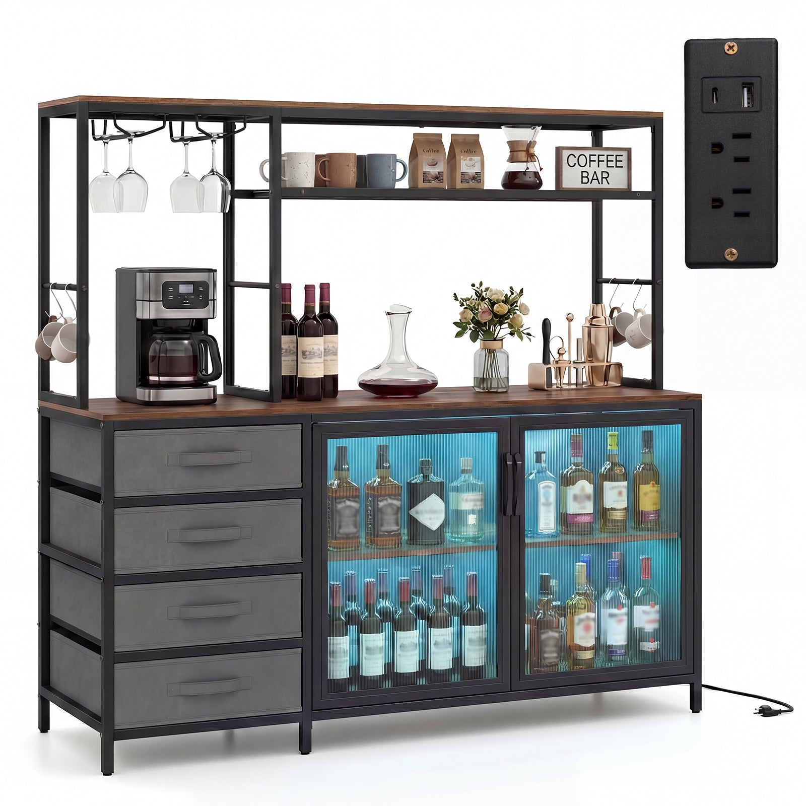 Sideboard Buffet Cabinet with LED Lights 55 inch Coffee Table with Power Outlets, Rustic Brown Sideboards Cabinets & Buffets at Gallery Canada