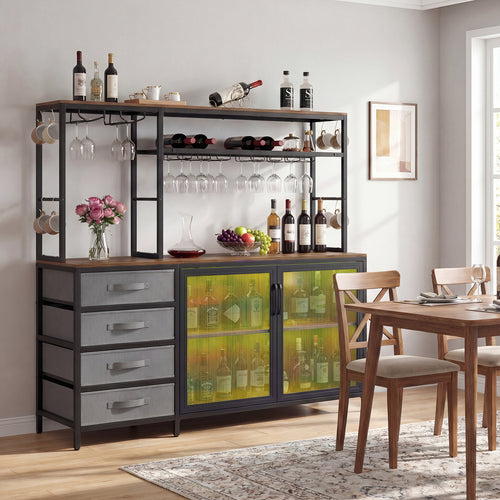 Sideboard Buffet Cabinet with LED Lights 55 inch Coffee Table with Power Outlets, Rustic Brown