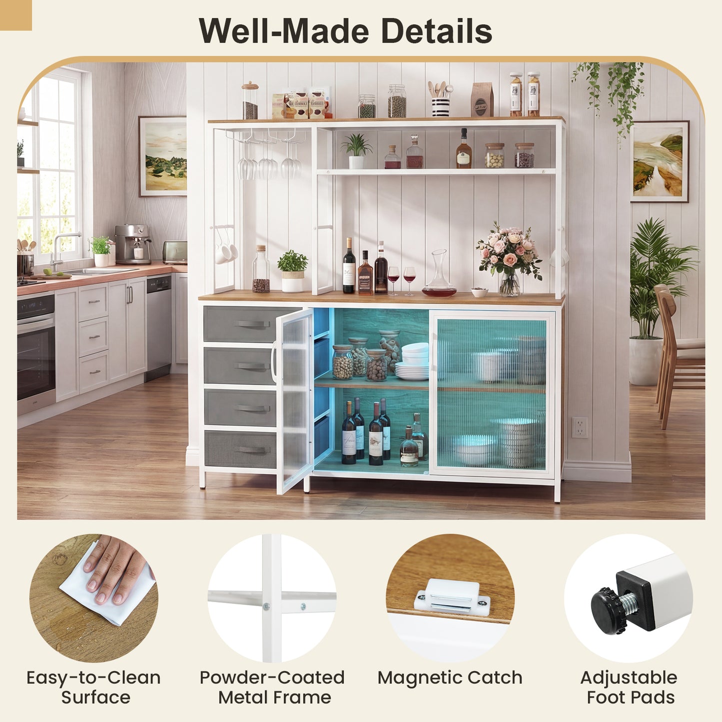 Sideboard Buffet Cabinet with LED Lights 55 inch Coffee Table with Power Outlets, Natural Sideboards Cabinets & Buffets at Gallery Canada