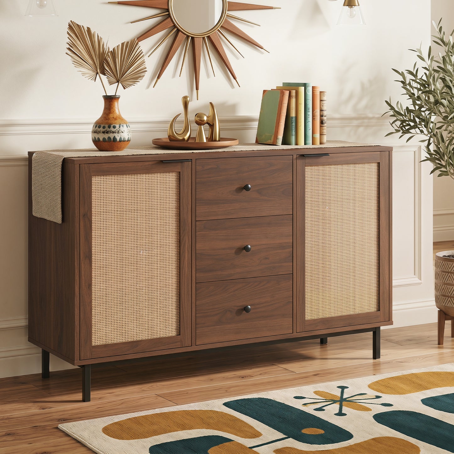 Rustic Farmhouse Sideboard Buffet Cabinet with Rattan Doors, Brown Sideboards Cabinets & Buffets at Gallery Canada