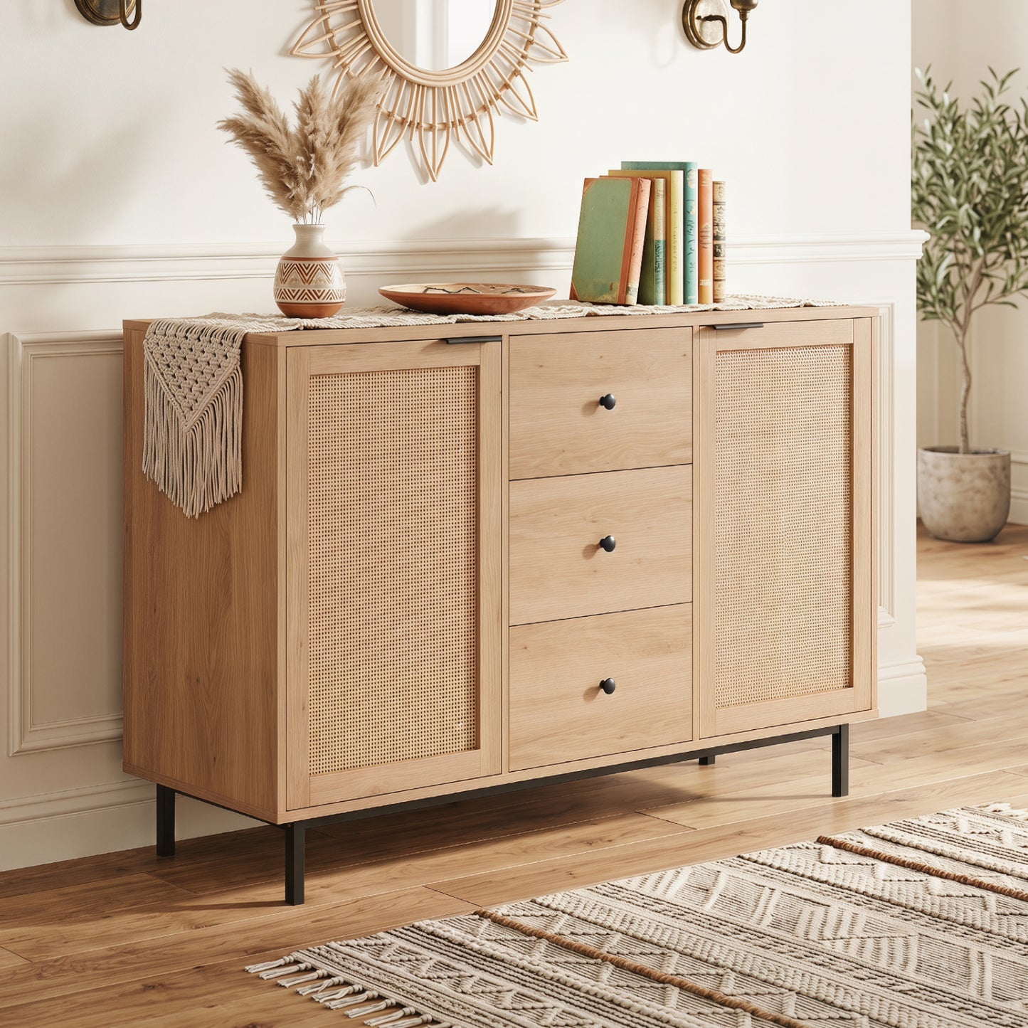 Sideboard Buffet Cabinet Rustic Farmhouse Coffee Bar Table with 2 Rattan Doors and 3 Drawers, Natural Sideboards Cabinets & Buffets at Gallery Canada
