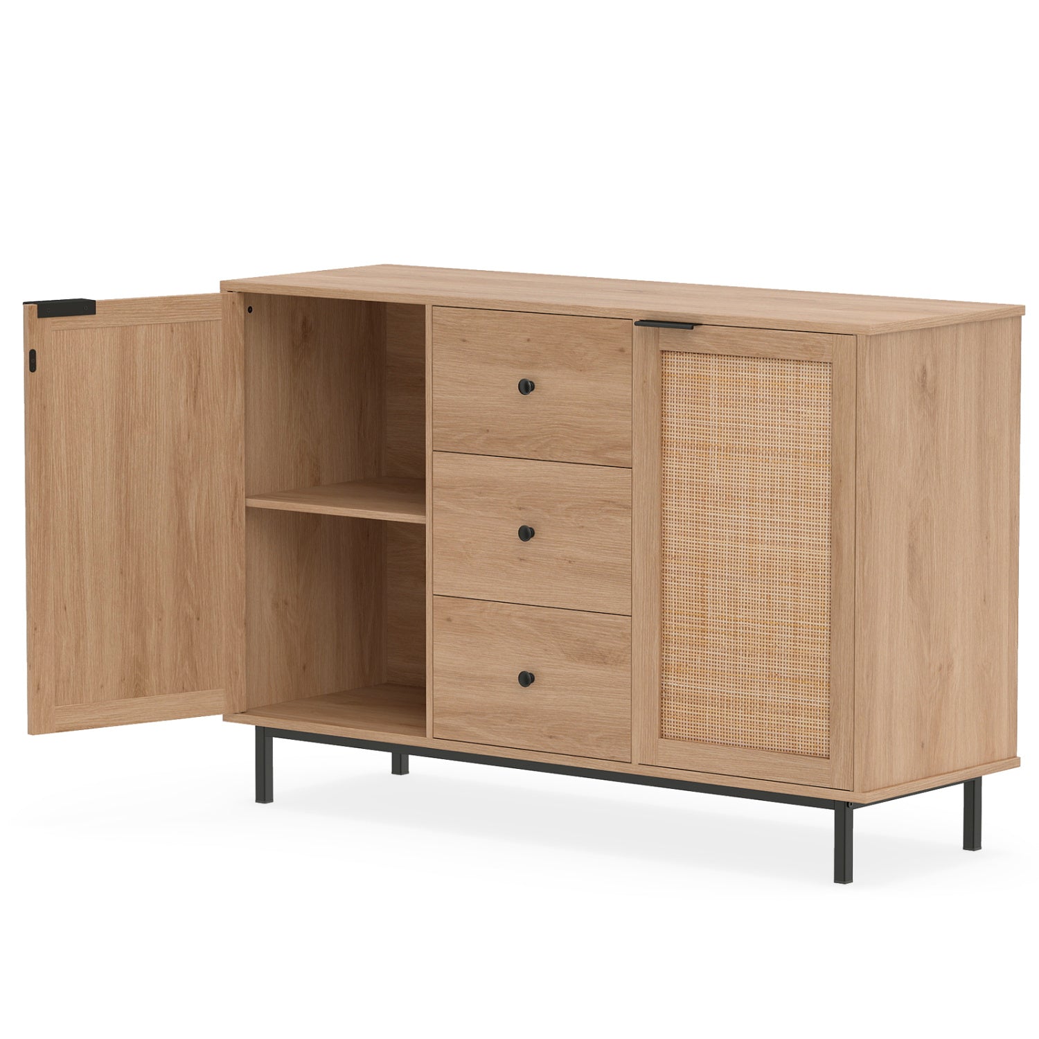 Sideboard Buffet Cabinet Rustic Farmhouse Coffee Bar Table with 2 Rattan Doors and 3 Drawers, Natural Sideboards Cabinets & Buffets at Gallery Canada