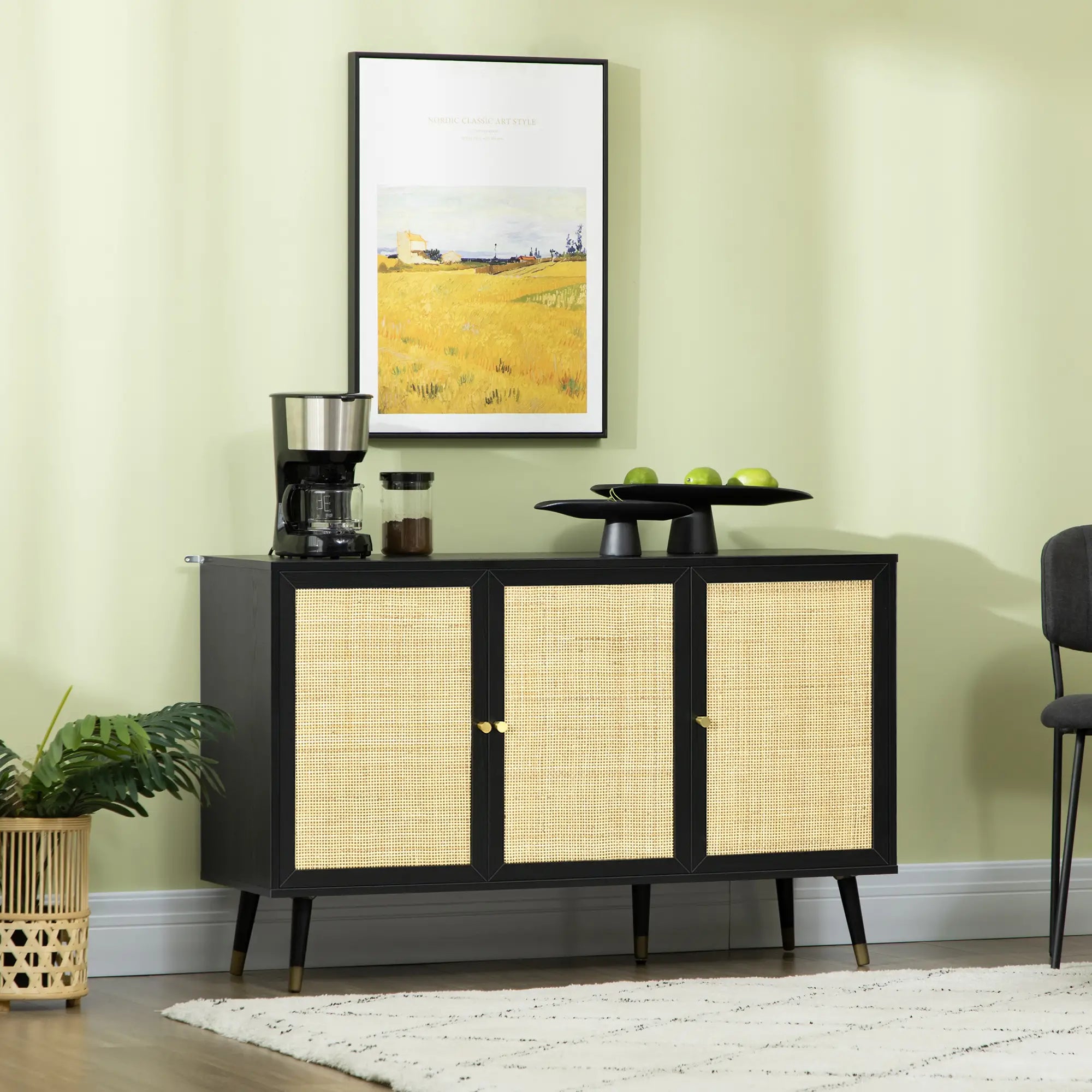 Kitchen Sideboard Cabinet, Boho Storage With Shelves, Wood Legs, Rattan Doors, Black Bar Cabinets at Gallery Canada