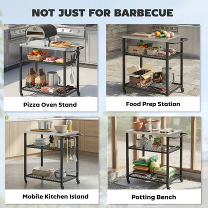 Outdoor Grill Cart With Stainless Steel Top, Two-Shelf Pizza Oven Stand, Black Outdoor Grill Carts at Gallery Canada