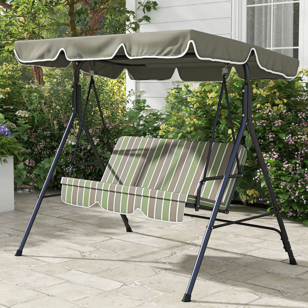 3-Seater Patio Swing With Adjustable Canopy, Green, Brown Patio Swings with Stand at Gallery Canada