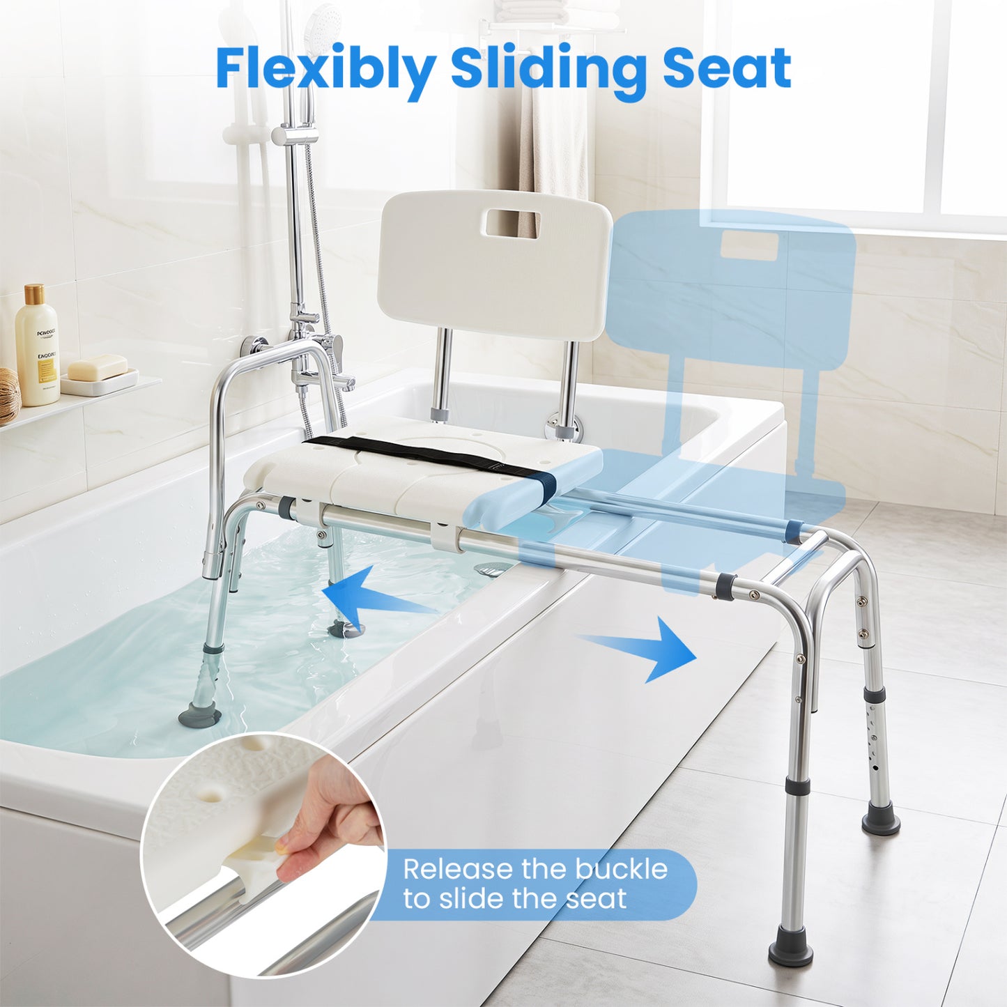 Sliding Tub Transfer Bench, Shower Chair for Elderly, White