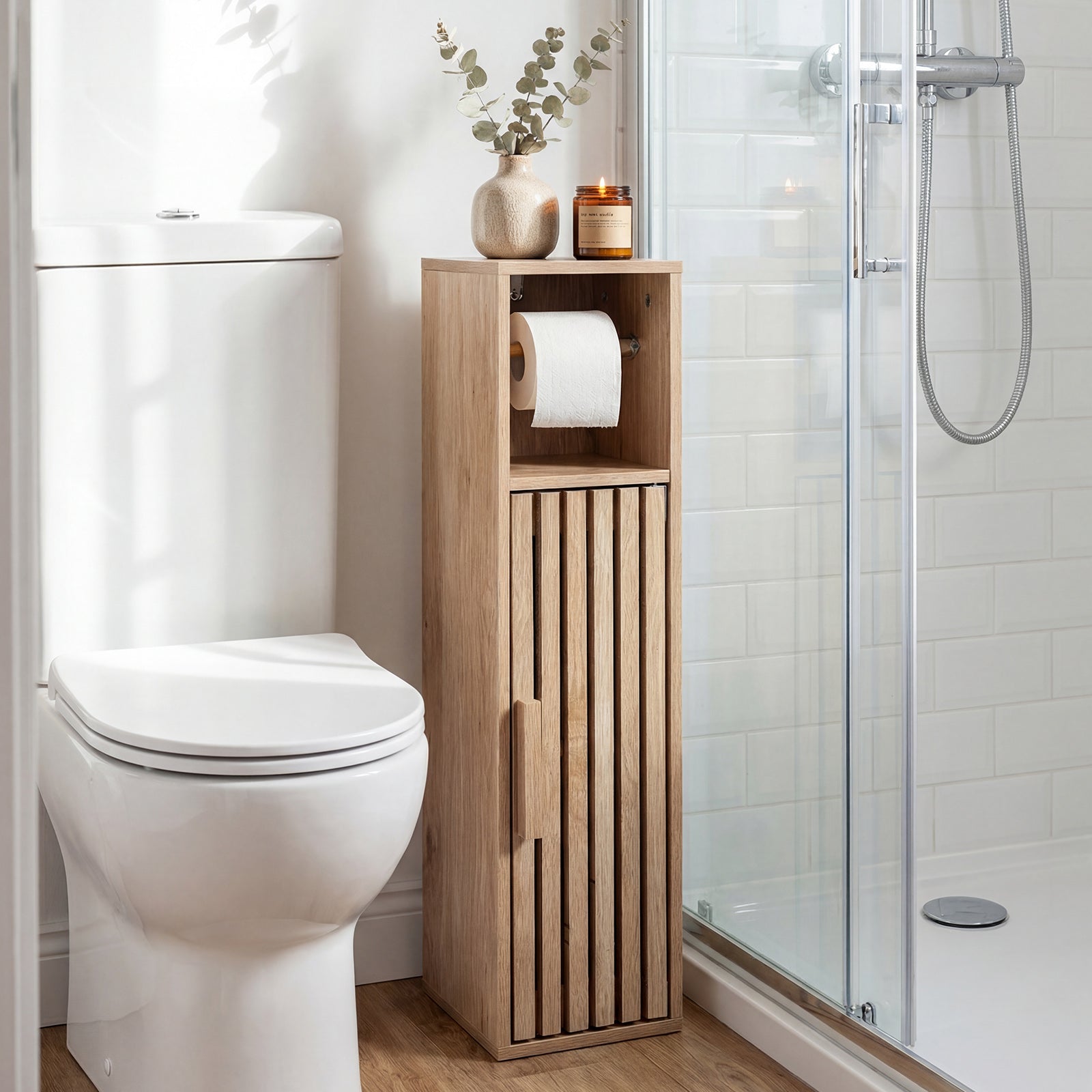 Slim Freestanding Bathroom Cabinet, Toilet Paper Holder With Door, Natural Floor Cabinets at Gallery Canada