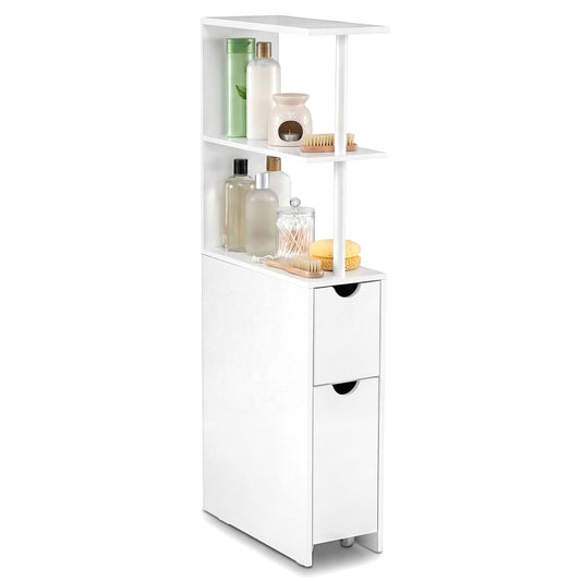 Slim Storage Freestanding Bathroom Cabinet with Open Shelves, White Floor Cabinets White at Gallery Canada