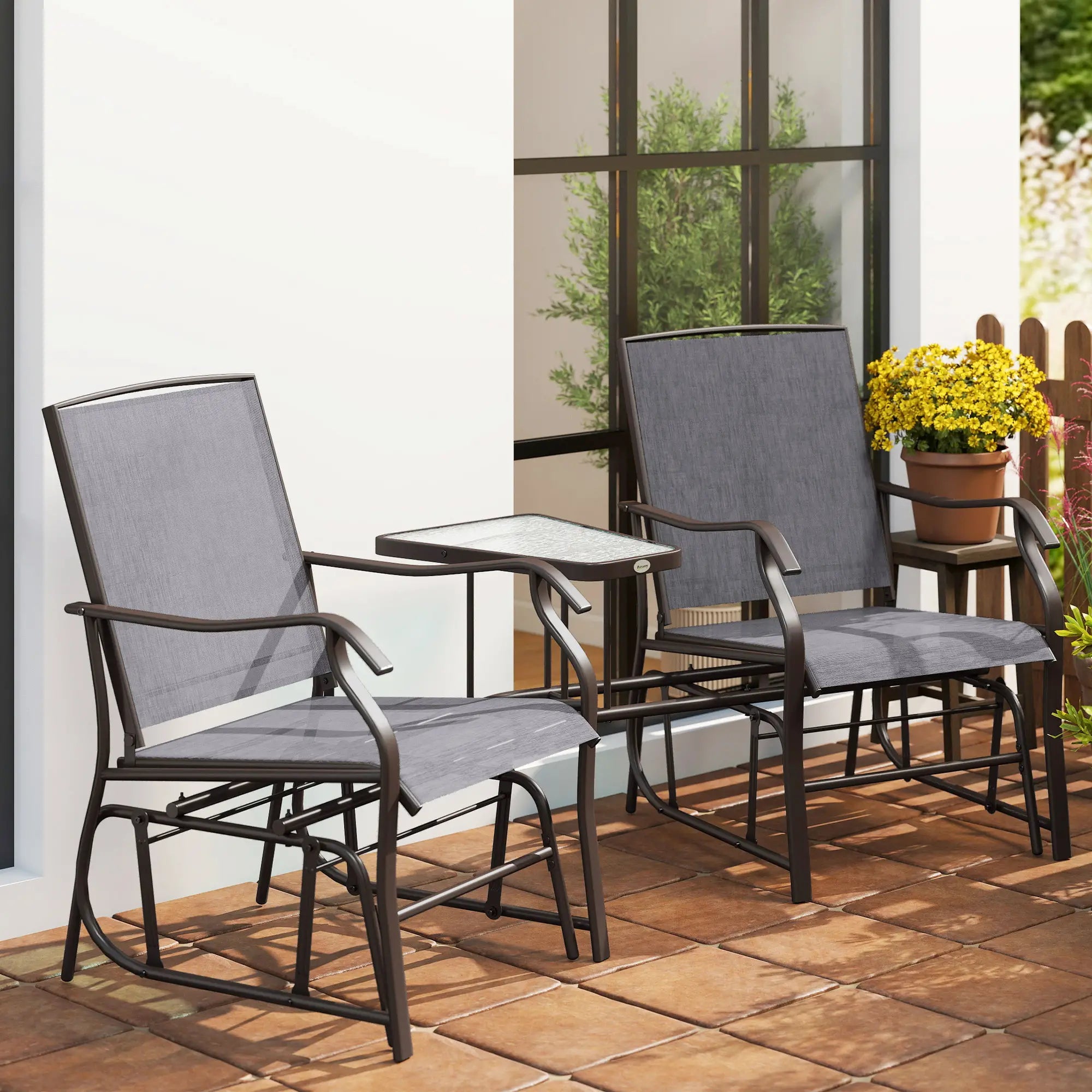 Double Patio Glider Chair with Glass Table, Grey Outdoor Gliders at Gallery Canada