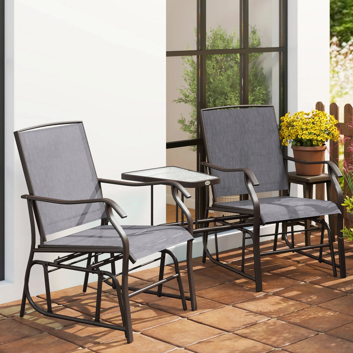 Double Patio Glider Chair with Glass Table, Grey Outdoor Gliders at Gallery Canada