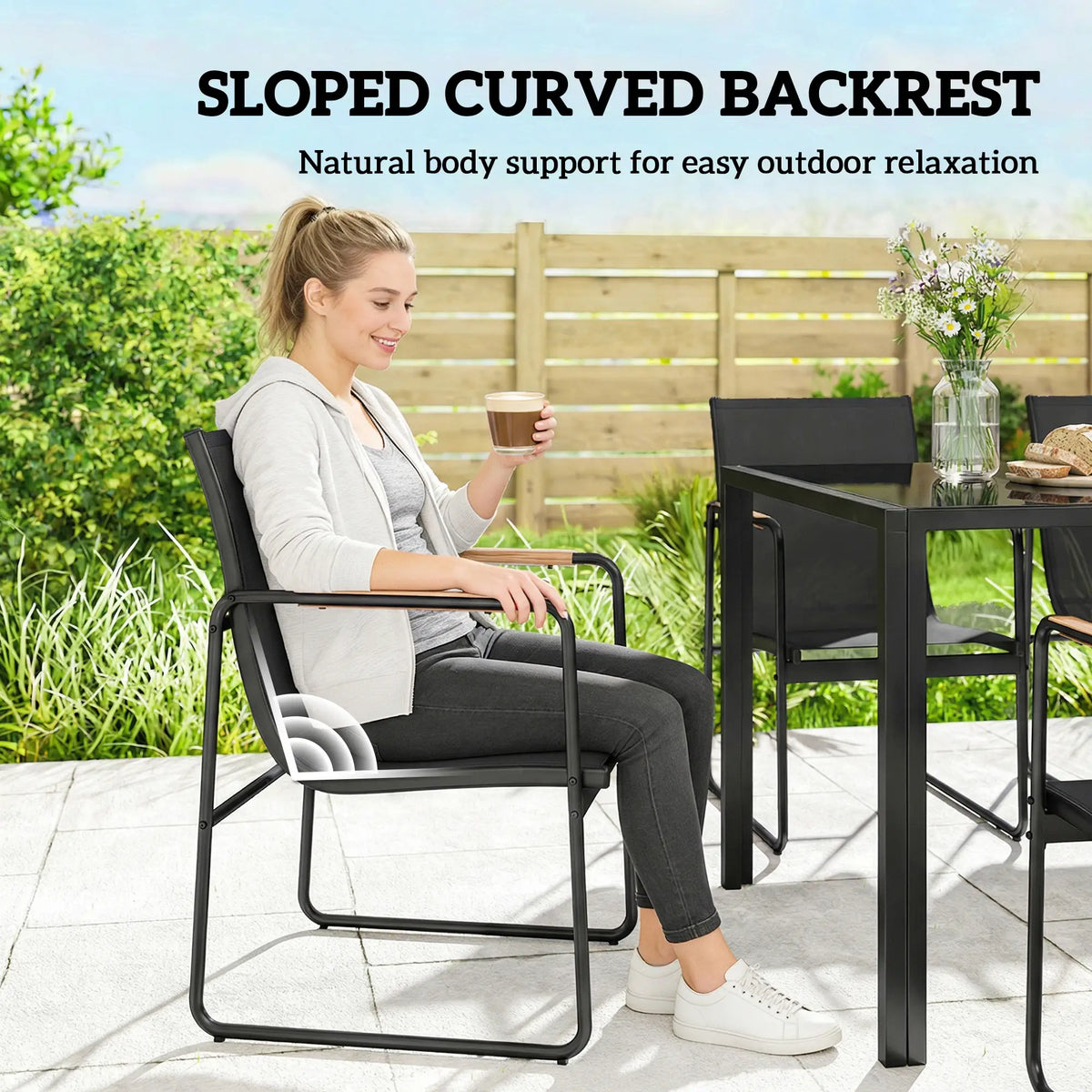 7 Piece Outdoor Dining Set, Glass Patio Table And Chairs, Black