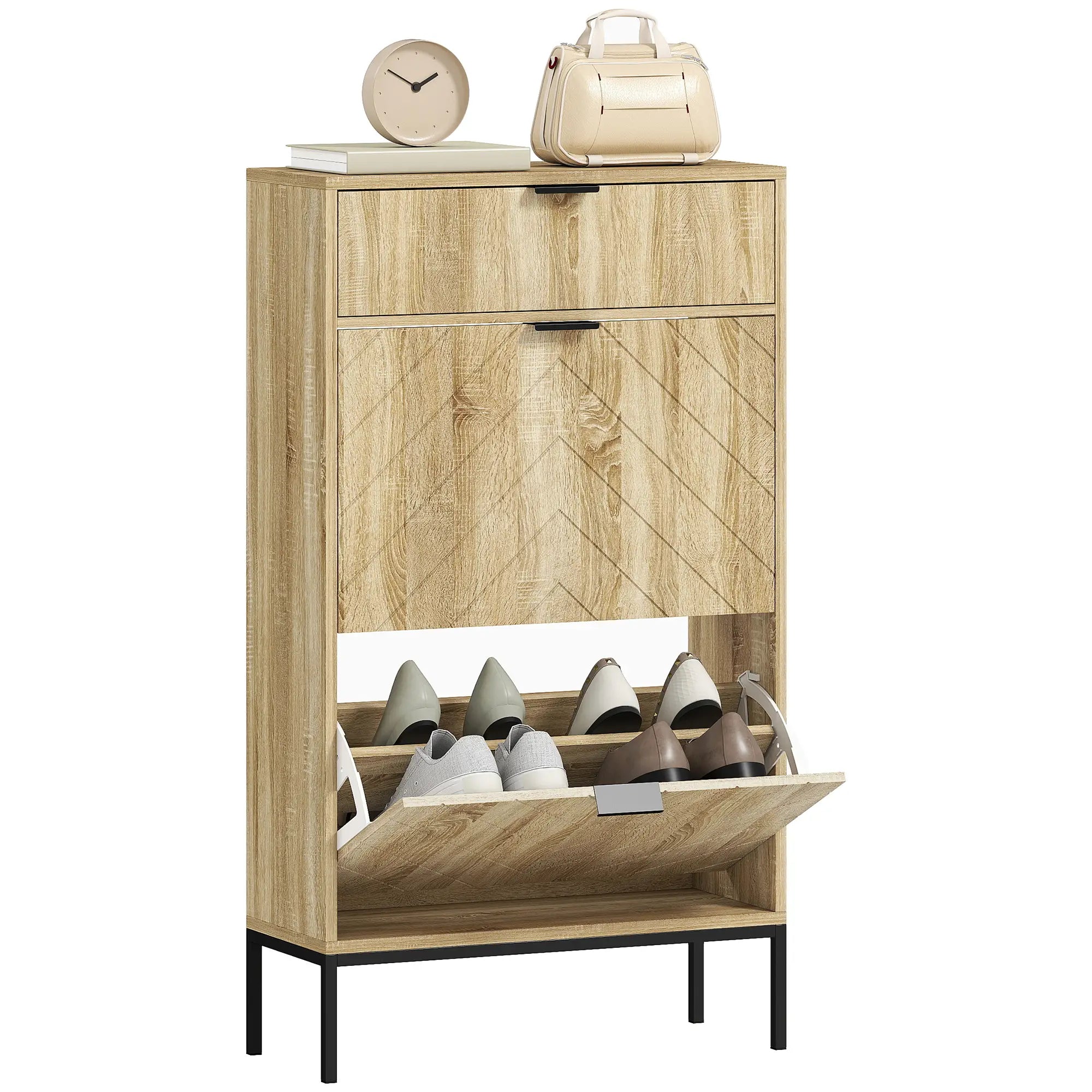 Narrow Shoe Storage Cabinet, Flip Drawers, Adjustable Shelves, Holds 8 Pairs, Oak Shoe Storage Cabinets & Racks at Gallery Canada
