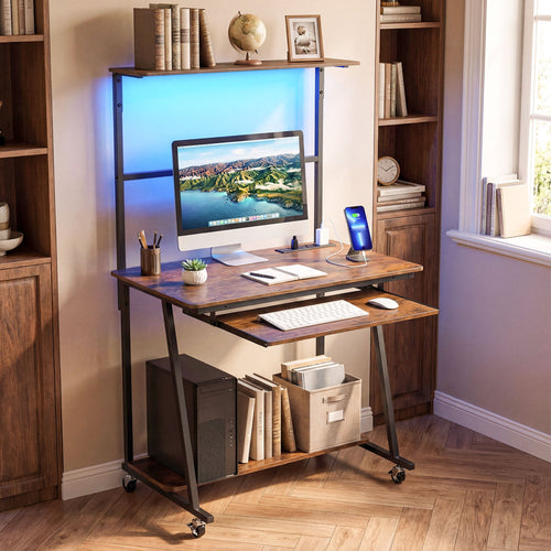 Small Computer Desk With Charging Station, LED Lights, Wheels, Rustic Brown