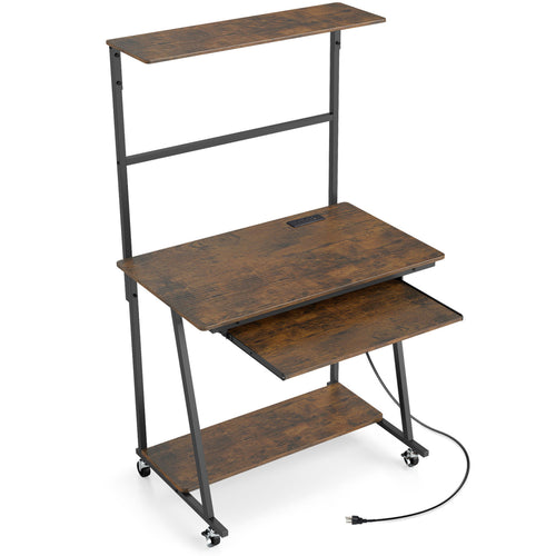 Small Computer Desk With Charging Station, LED Lights, Wheels, Rustic Brown