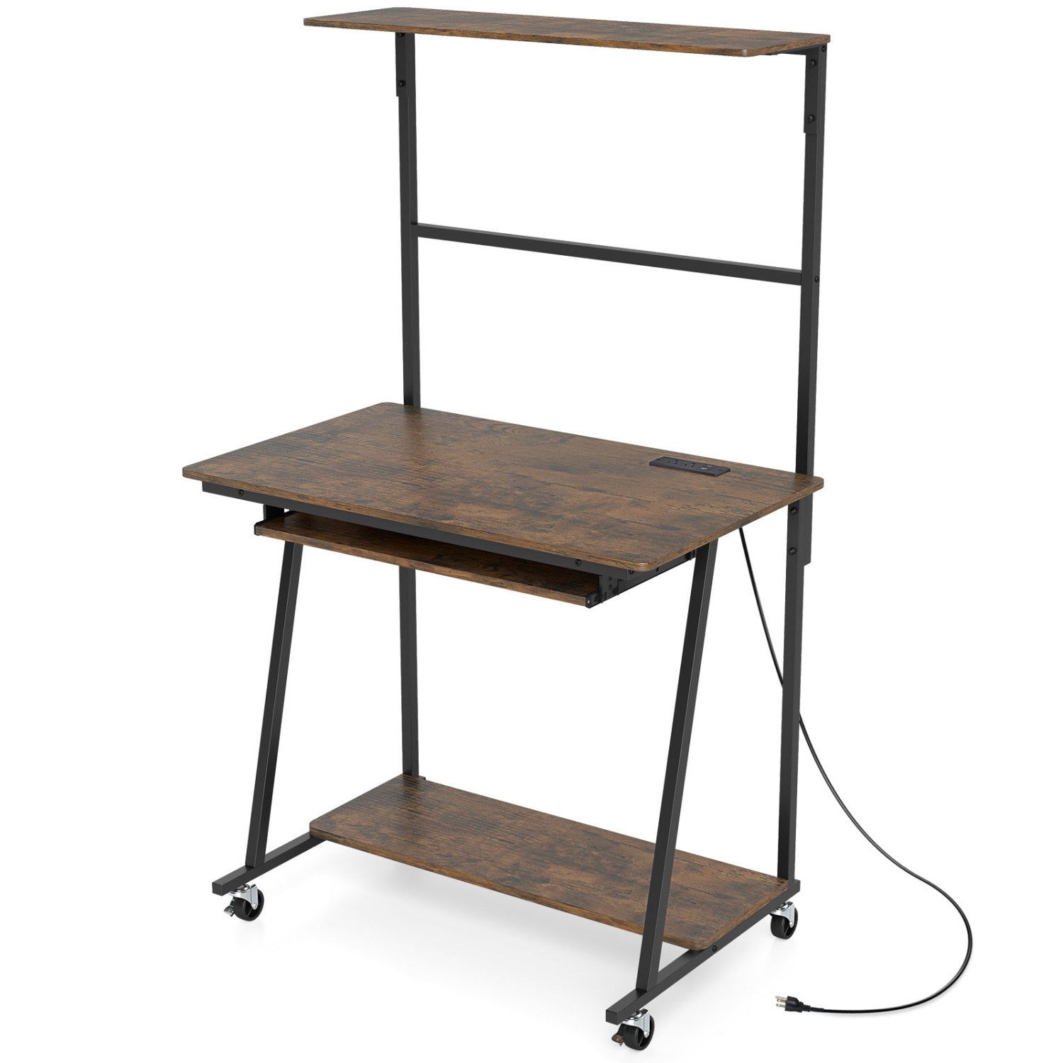Small Computer Desk With Charging Station, LED Lights, Wheels, Rustic Brown Computer Desks at Gallery Canada