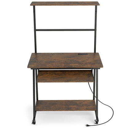Small Computer Desk With Charging Station, LED Lights, Wheels, Rustic Brown Computer Desks at Gallery Canada