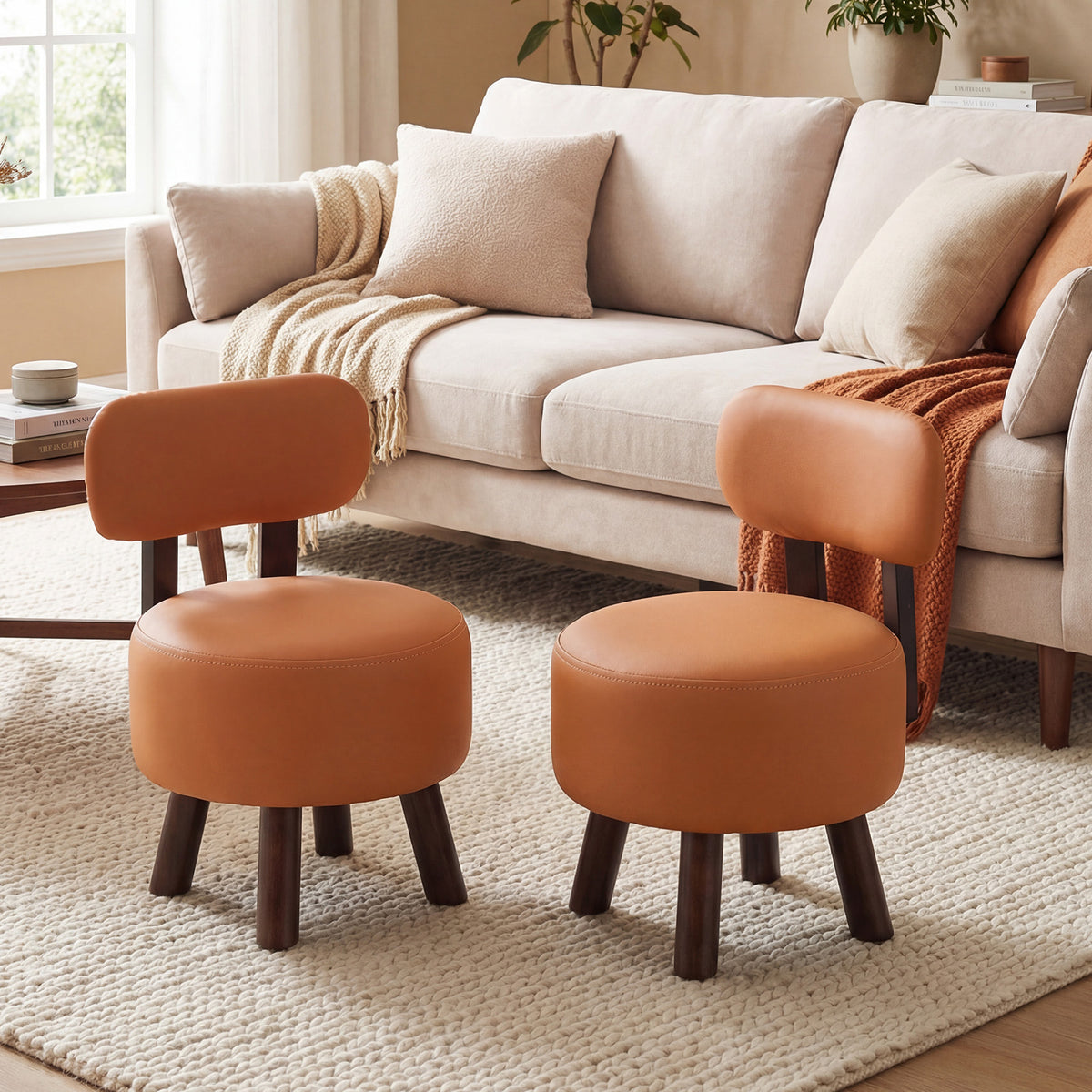 Small Footrest Stools Set of 2, Round Ottoman with Backrest, Orange Ottomans at Gallery Canada