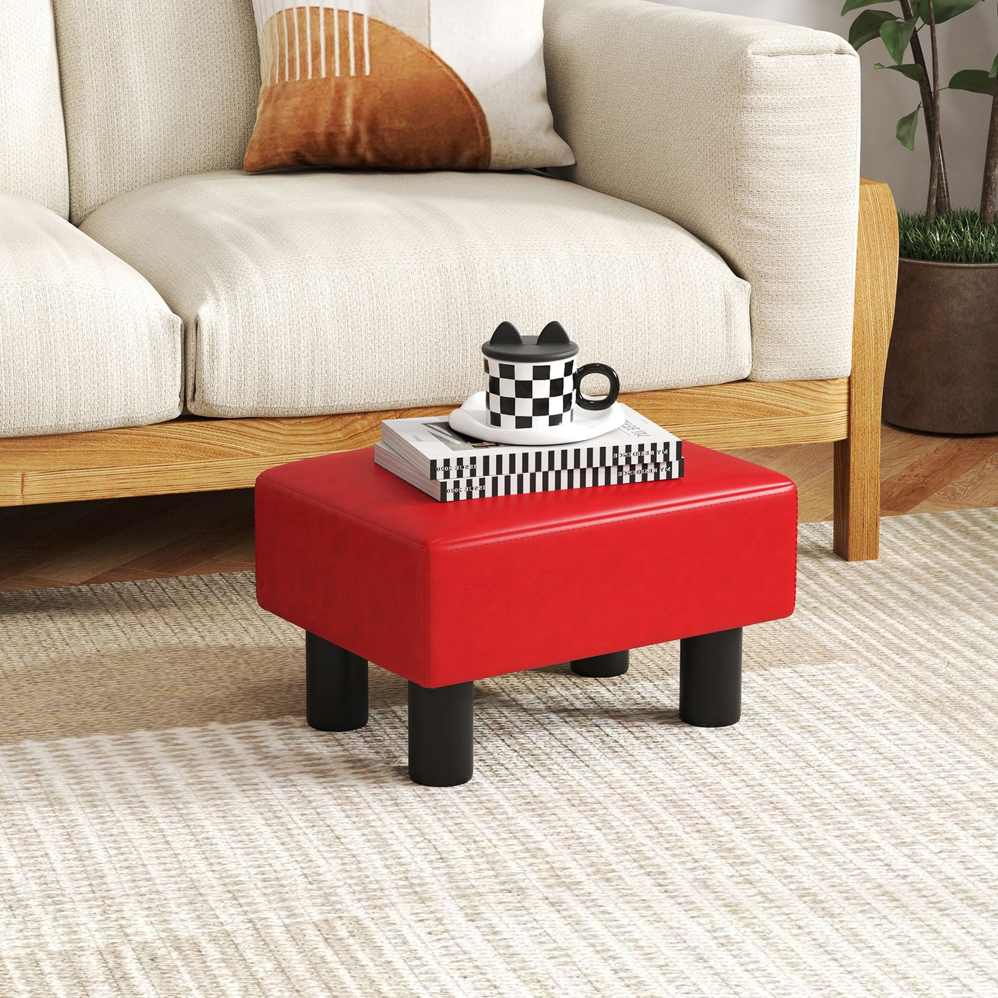 Small Rectangular Seat Ottoman Footstool, PU Leather, Red Ottomans at Gallery Canada