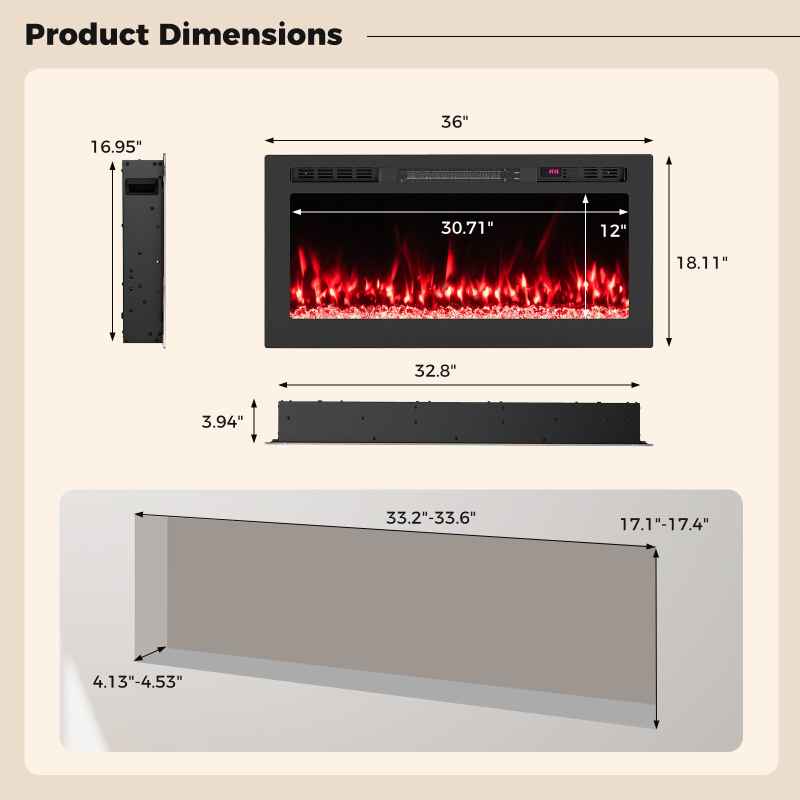 Smart WiFi Electric Fireplace, Wall Mounted Recessed Heater, 36 Inch, Black Fireplaces at Gallery Canada
