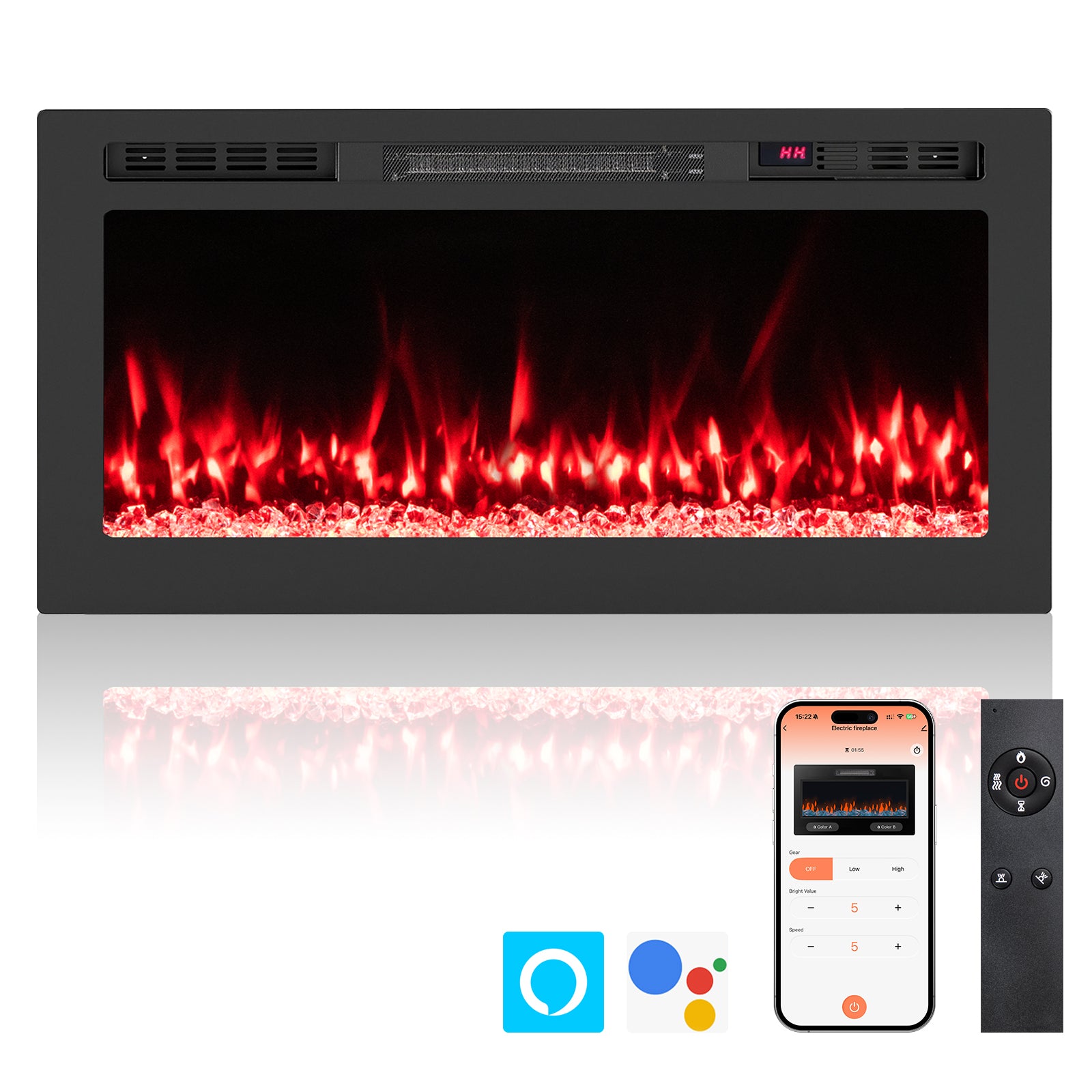 Smart WiFi Electric Fireplace, Wall Mounted Recessed Heater, 36 Inch, Black Fireplaces Black at Gallery Canada
