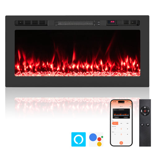 Smart WiFi Electric Fireplace, Wall Mounted Recessed Heater, 36 Inch, Black