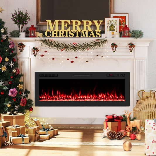 Smart WiFi Electric Fireplace Wall Mounted & Recessed 750W/1500W Heater-50 Inch, Black Fireplaces Black at Gallery Canada