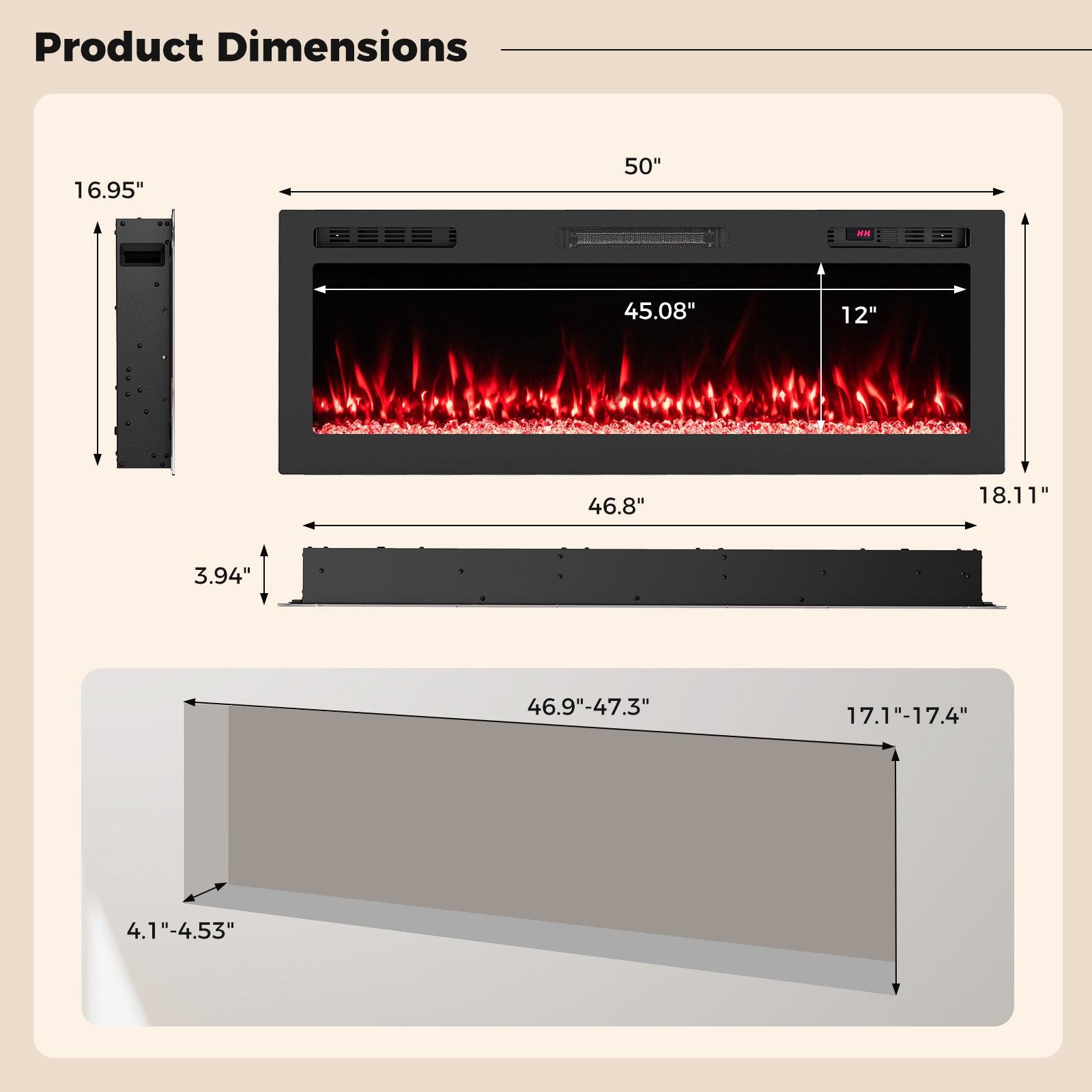 Smart WiFi Electric Fireplace Wall Mounted & Recessed 750W/1500W Heater-50 Inch, Black Fireplaces at Gallery Canada