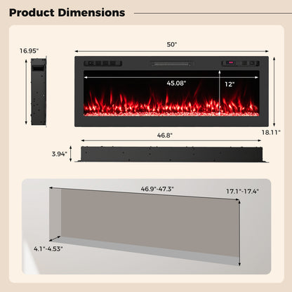 Smart WiFi Electric Fireplace Wall Mounted & Recessed 750W/1500W Heater-50 Inch, Black Fireplaces at Gallery Canada