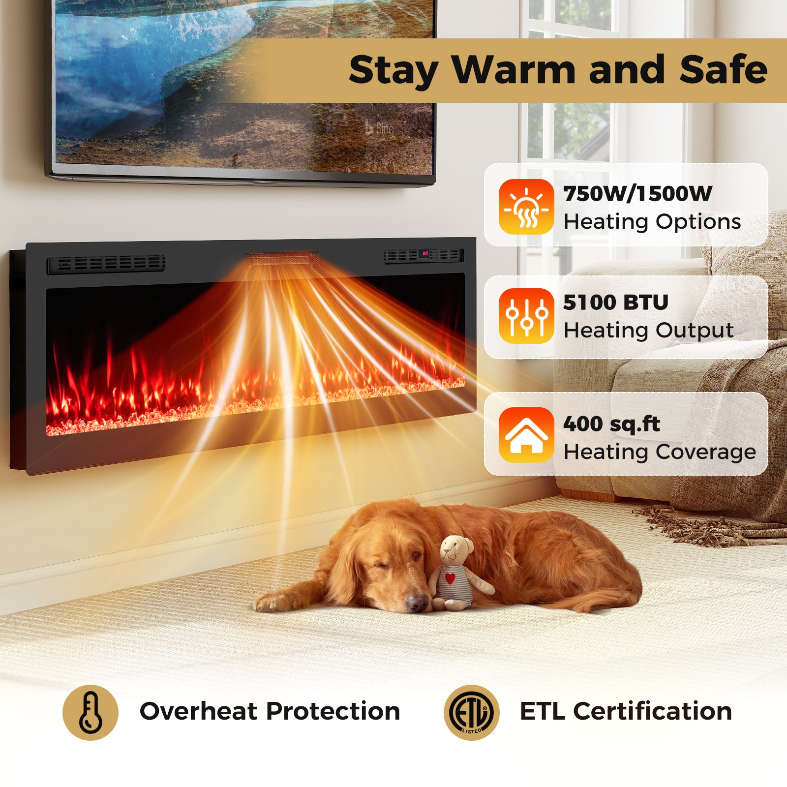 Smart WiFi Electric Fireplace, Wall Mounted, 68 Inch, Black Fireplaces at Gallery Canada