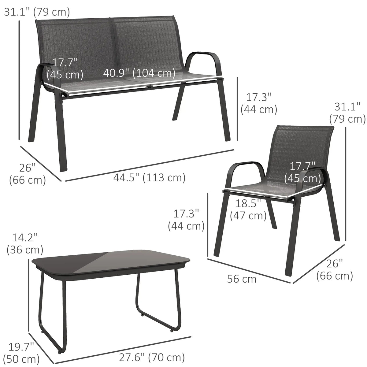 4-Piece Outdoor Furniture Set, 2 Stackable Chairs, Loveseat, Glass Coffee Table, Black Patio Furniture Sets at Gallery Canada