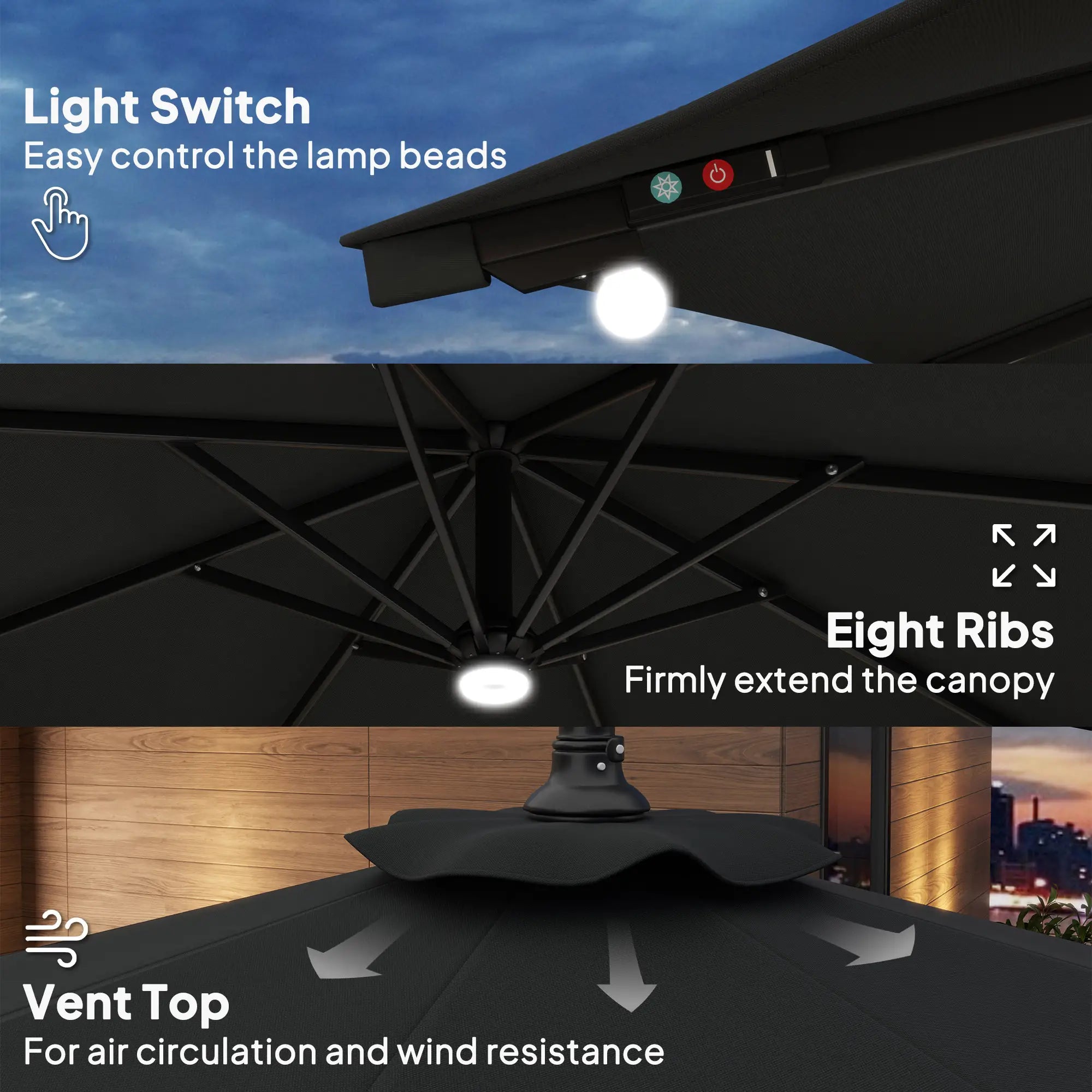 8.8FT Cantilever Patio Umbrella, Solar LED Lights, Crank Handle, Grey Offset Cantilever Umbrellas at Gallery Canada