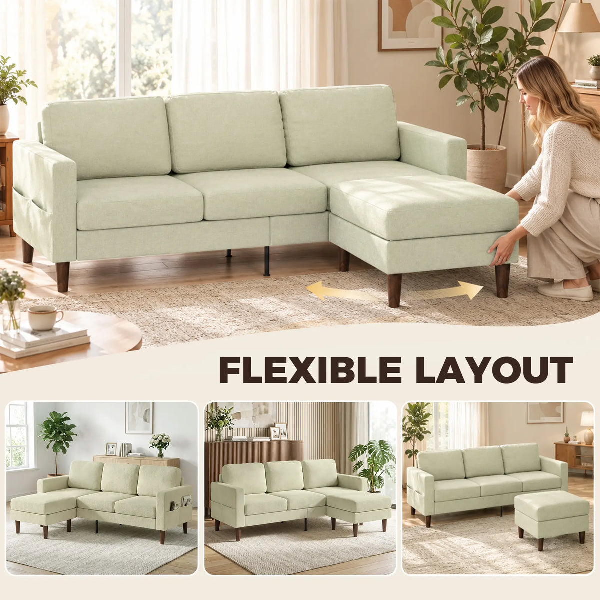 78" L-Shaped 3-Seater Sofa with Ottoman, Beige, Beige L Shaped Couchs at Gallery Canada
