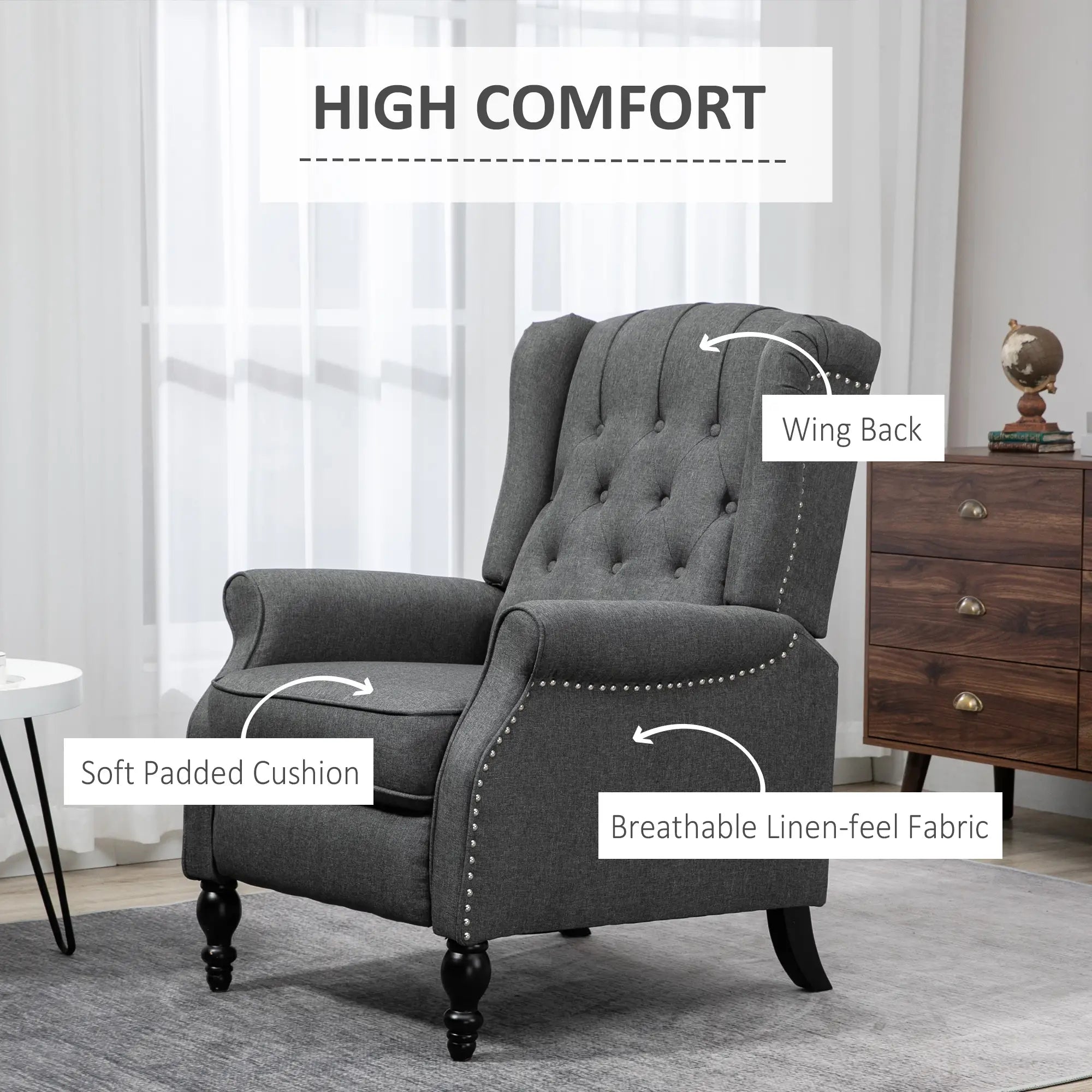 Wingback Reclining Chair with Footrest, Button Tufted, Dark Grey Single Sofas at Gallery Canada