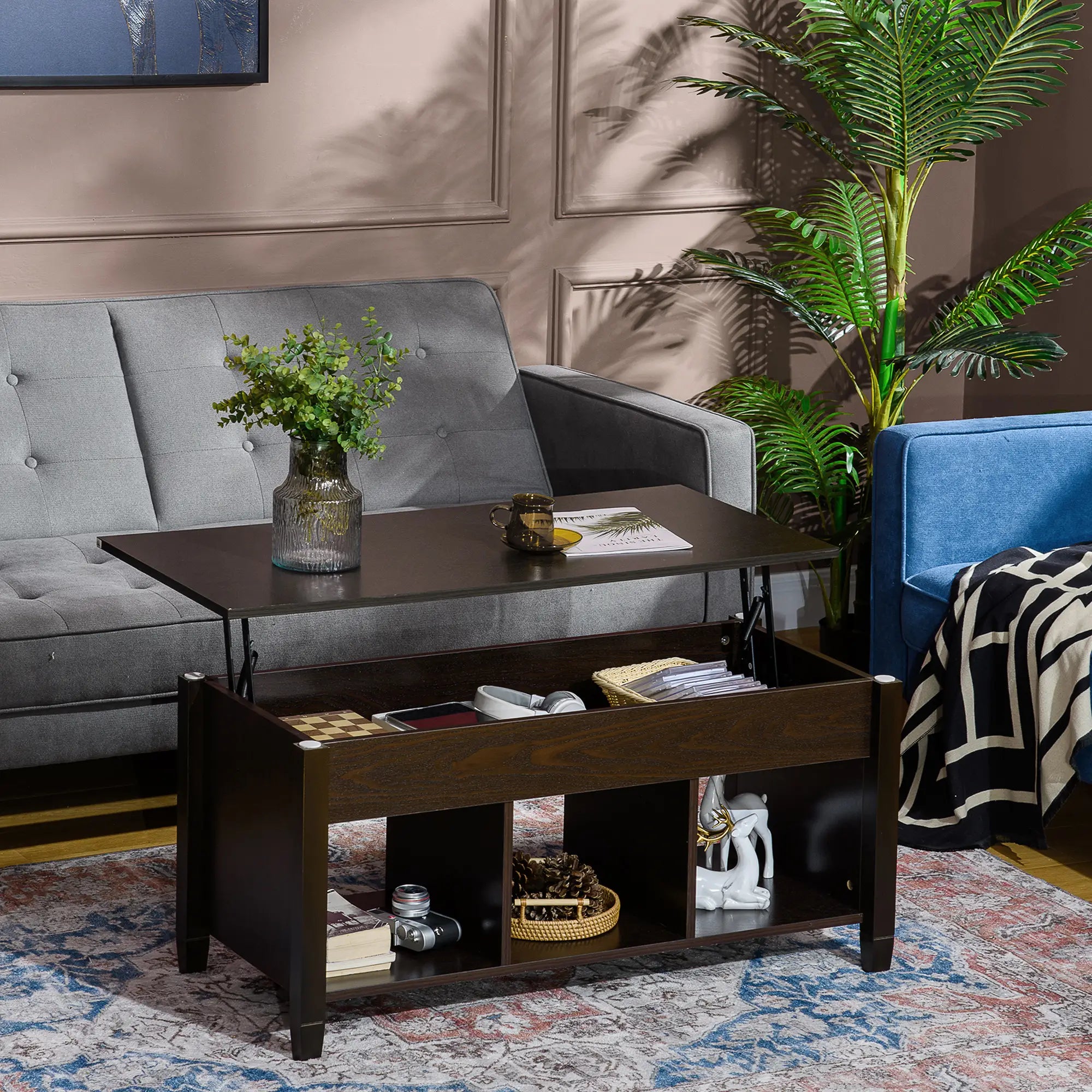 Lift Top Coffee Table, Hidden Storage, 3 Shelves, Espresso Coffee Tables at Gallery Canada