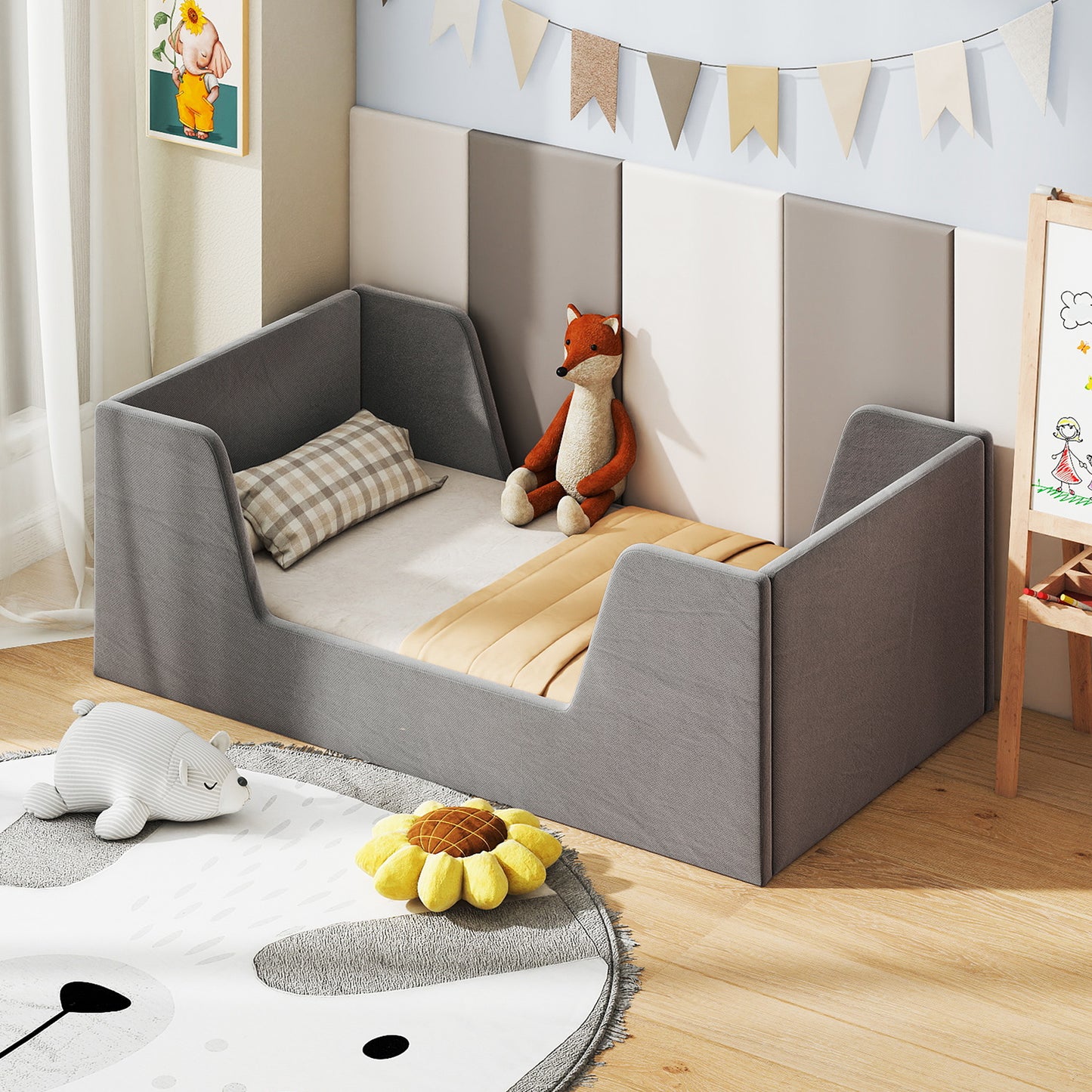Soft Velvet Toddler Bed Frame, With Safety Rails, Gray Toddler Beds at Gallery Canada