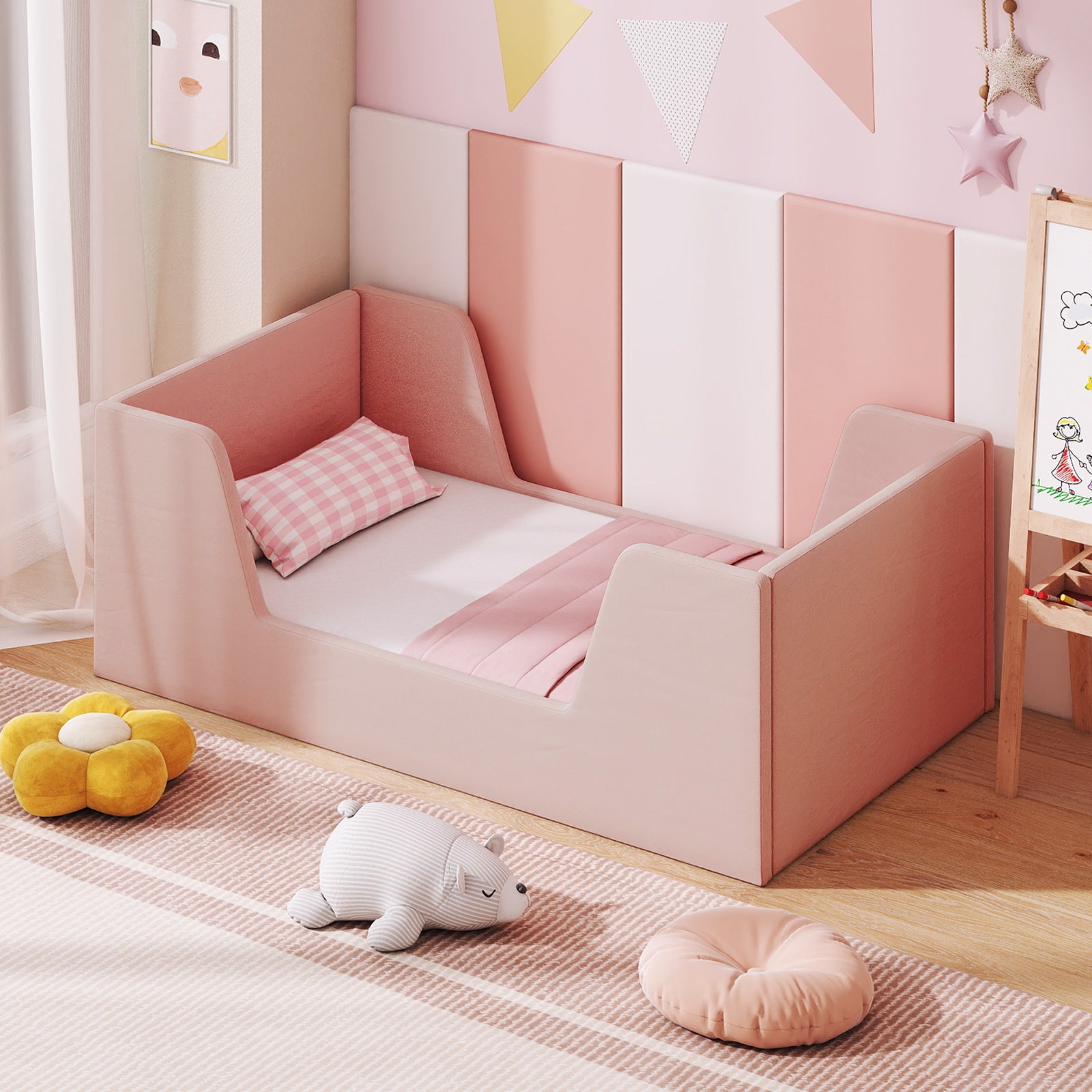 Soft Velvet Fabric Toddler Bed Frame with Safety Rails, Pink Toddler Beds at Gallery Canada