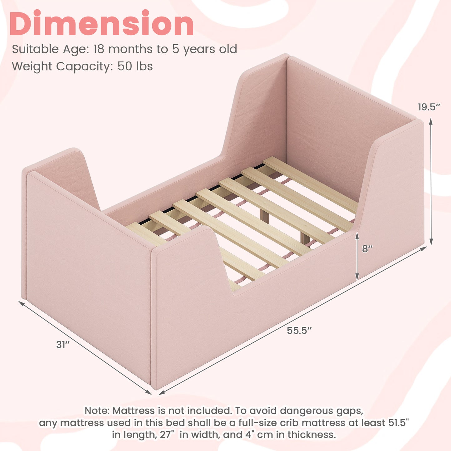 Soft Velvet Fabric Toddler Bed Frame with Safety Rails, Pink Toddler Beds at Gallery Canada
