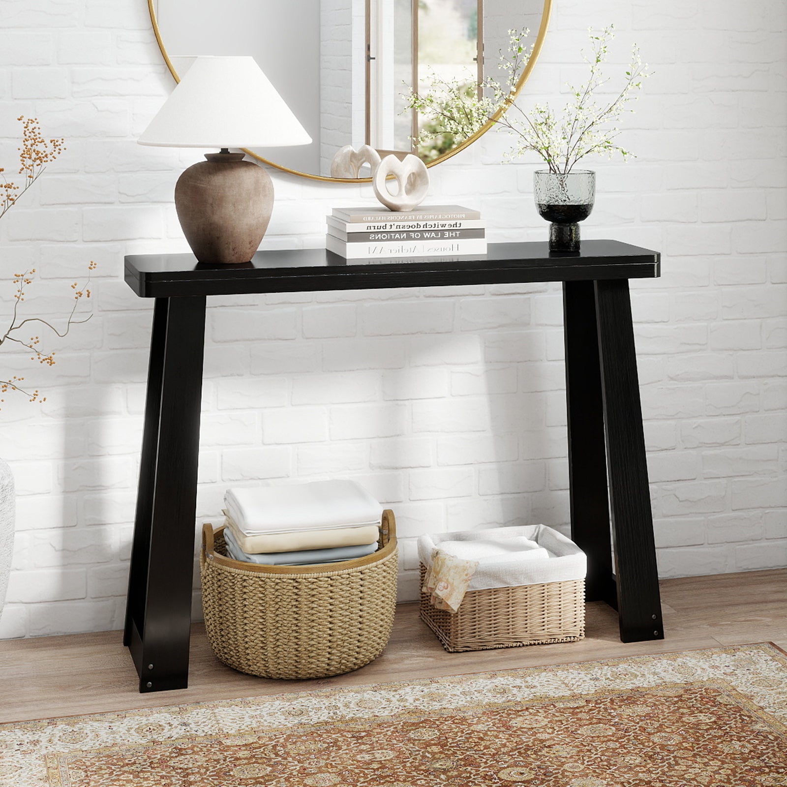 Solid Rubber Wood Console Table 43inch Narrow Entryway Table with Thick Tabletop and Stable Base, Black Console Tables at Gallery Canada