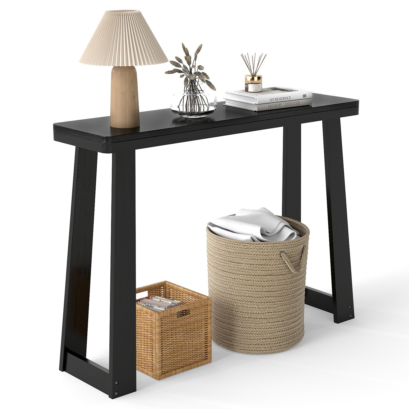 Solid Rubber Wood Console Table 43inch Narrow Entryway Table with Thick Tabletop and Stable Base, Black Console Tables Black at Gallery Canada