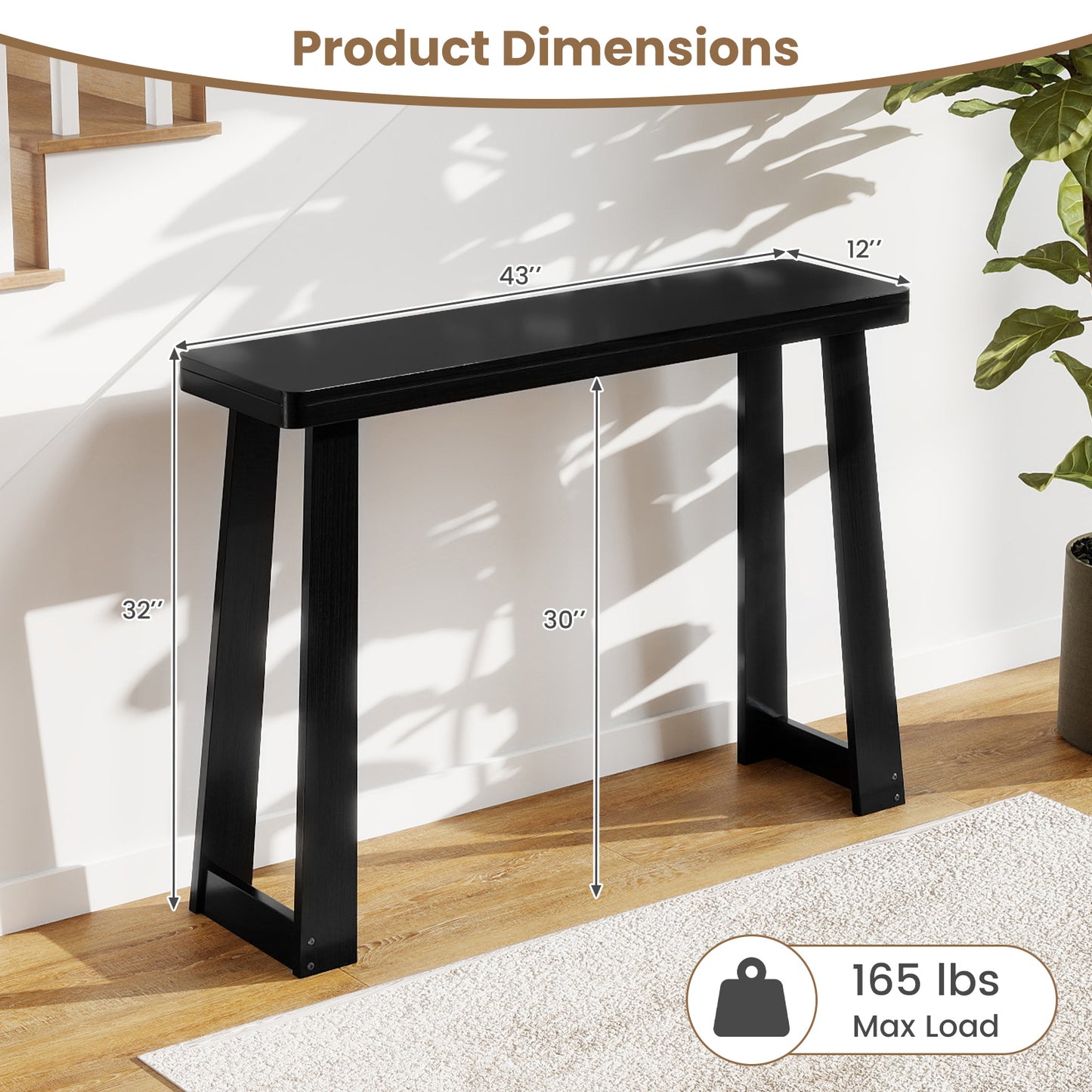 Solid Rubber Wood Console Table 43inch Narrow Entryway Table with Thick Tabletop and Stable Base, Black Console Tables at Gallery Canada