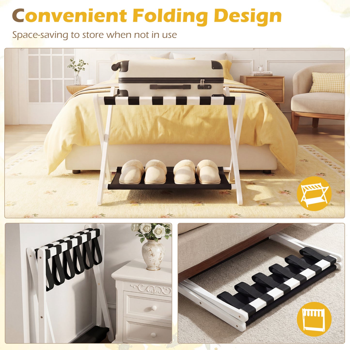 Solid Rubberwood Folding Luggage Rack, Nylon Shelves, Black & White Shoe Racks & Storage Benches at Gallery Canada