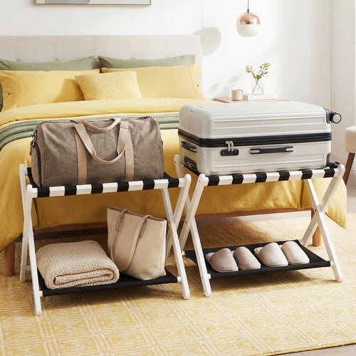 Rubberwood Folding Luggage Rack, Nylon Shelves, Set of 2, Black, White